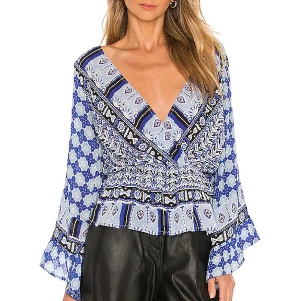 NWT Free People Rosalie Blue & White Mosaic Peplum Flutter Sleeve Top